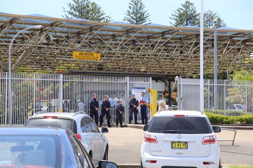 Officers blocked off the entrance to the jail at the rally today.