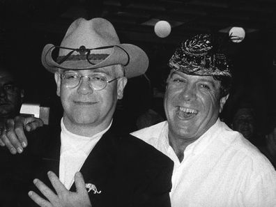 Elton John and Ian 'Molly' Meldrum at the Sebel Townhouse, in Sydney, 1990