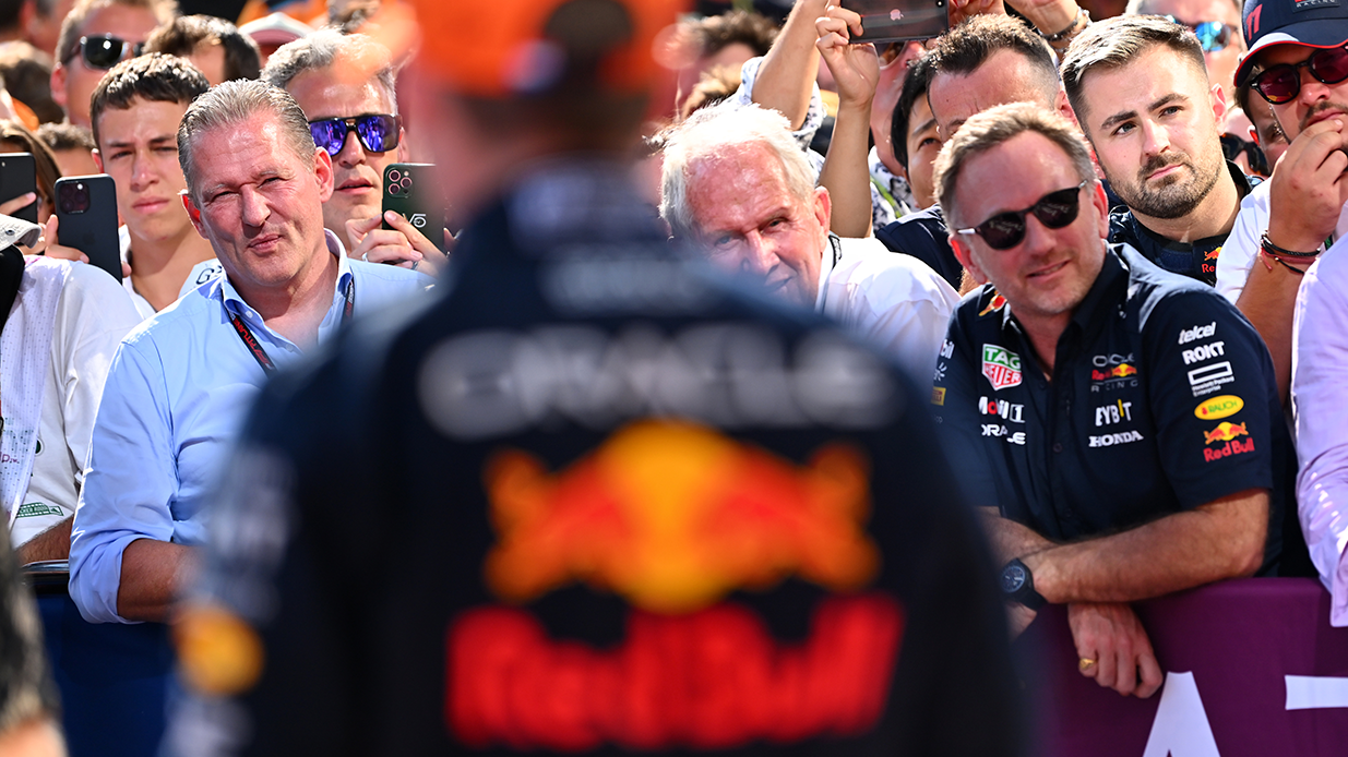 Jos Verstappen, Helmut Marko and Christian Horner watch race winner Max Verstappen.