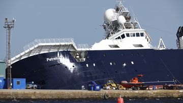 A ship tipped over at a 45-degree angle in the Imperial Dock area in Leith on March 22, 2023 in Leith, Scotland.  