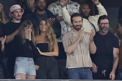 Taylor Swift, Blake Lively, Ryan Reynolds and Hugh Jackman during the first quarter of an NFL football game between the New York Jets and the Kansas City Chiefs, Sunday, Oct. 1, 2023, in East Rutherford, N.J. (AP Photo/Adam Hunger)