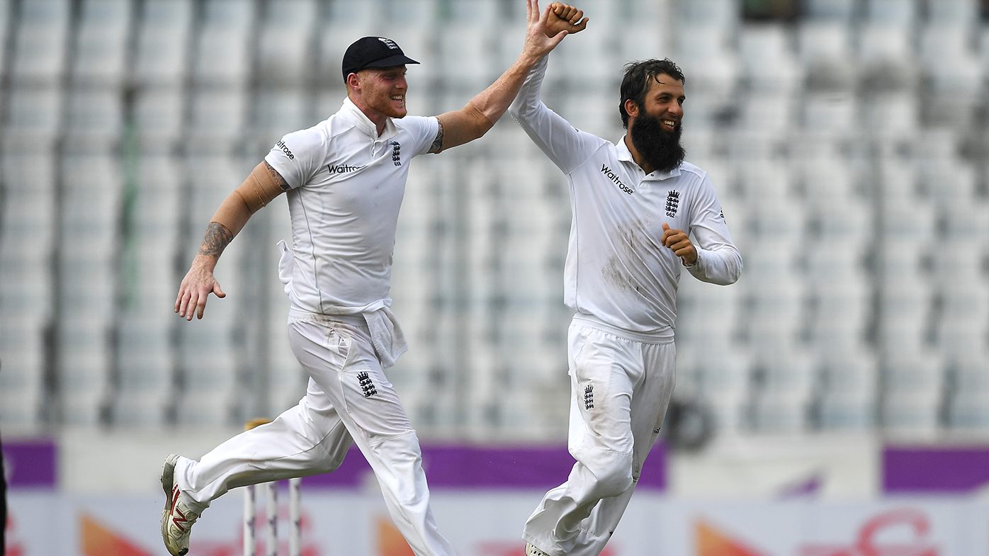 Moeen Ali celebrates with Ben Stokes after dismissing Bangladesh captain Mushfiqur Rahim during the second Test match between Bangladesh and England in 2016.