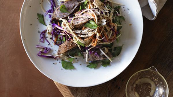 Salt-baked duck breast with root vegetable and red cabbage slaw