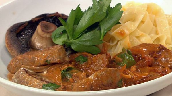 Veal stroganoff with buttered noodles - meal for one