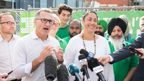 Greens Candidate for Batman Alex Bhathal is seen during a press conference with Greens Leader Dr Richard Di Natale on March 17. (AAP)