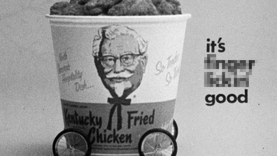 KFC bucket from archival footage. Features original catchphrase 'it's finger lickin' good'