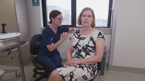 NSW CHO Dr Kerry Chant receiving her first dose of the vaccine at St George Hospital today. 