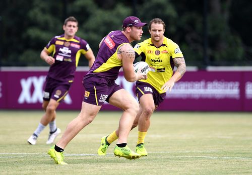 Brisbane Broncos player Matt Lodge (centre) is seen during training in Brisbane on Thursday. (AAP)