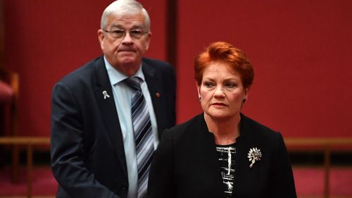 Brian Burston when he was a One Nation senator and his then-leader Pauline Hanson.