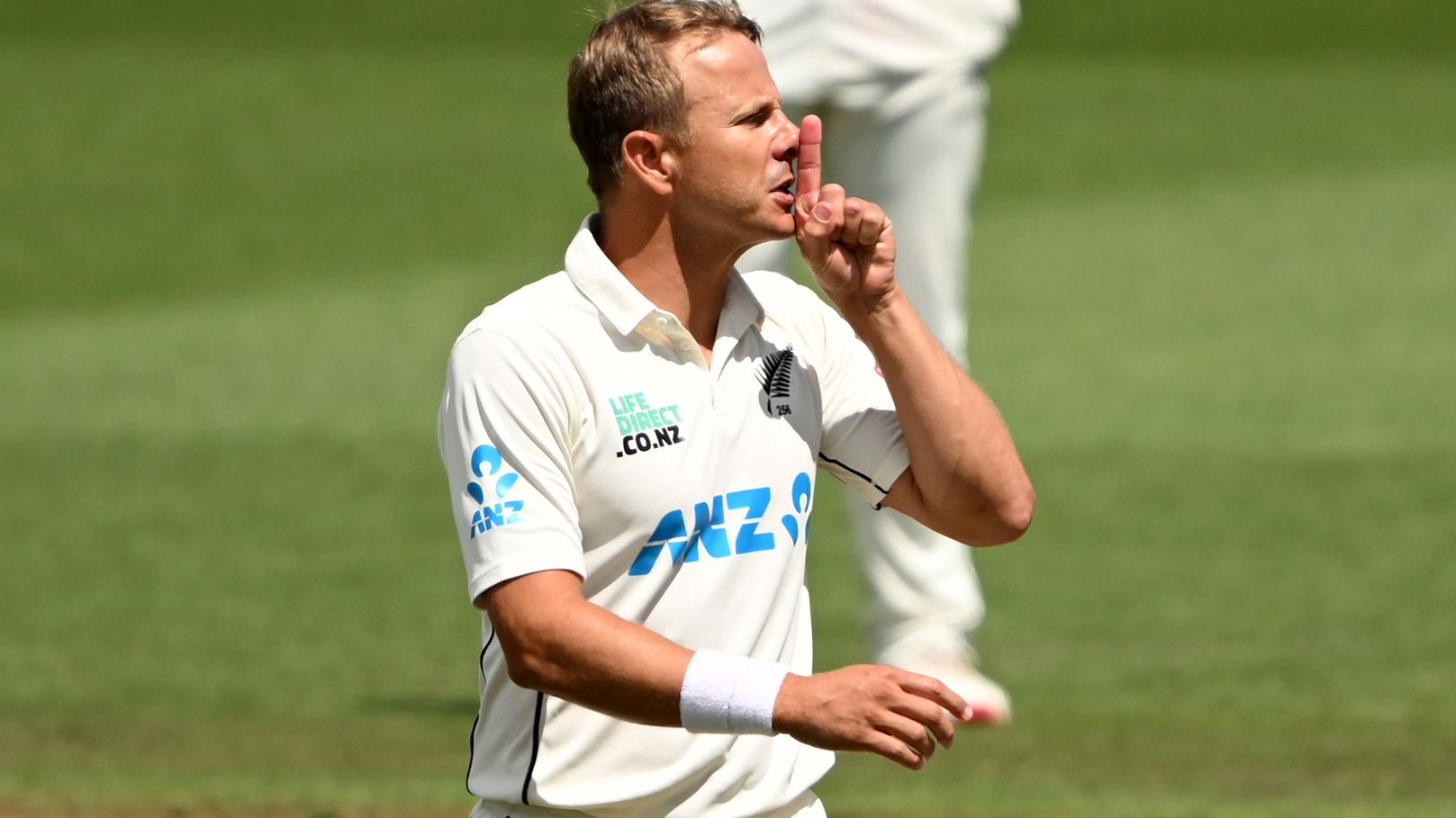 Neil Wagner of the New Zealand  signals to Zubayr Hamza of South Africa after dismissing him.