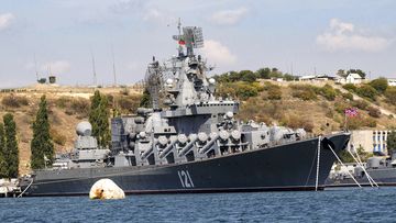 The Russian missile cruiser Moskva, the flagship of Russias Black Sea Fleet is seen anchored in the Black Sea port of Sevastopol, \\, Thursday, Sept. 11, 2008. The Russian Defense Ministry confirmed the ship was damaged Wednesday, April 13, 2022, but not that it was hit by Ukraine.  The Ministry says ammunition on board detonated as a result of a fire whose causes were being established, and the Moskvas entire crew was evacuated. The cruiser typically has about 500 on board. (AP Photo, Fil