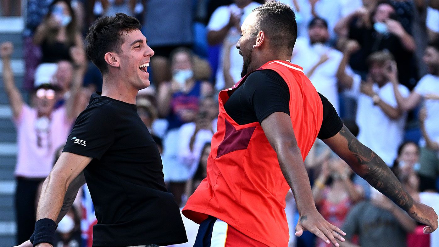 Thanasi Kokkinakis of Australia and Nick Kyrgios of Australia celebrate match point in their Men&#x27;s Doubles Quarterfinals match against Tim Puetz of Germany and Michael Venus of New Zealand