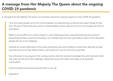 Queen Elizabeth's statement to Australia during the coronavirus crisis.