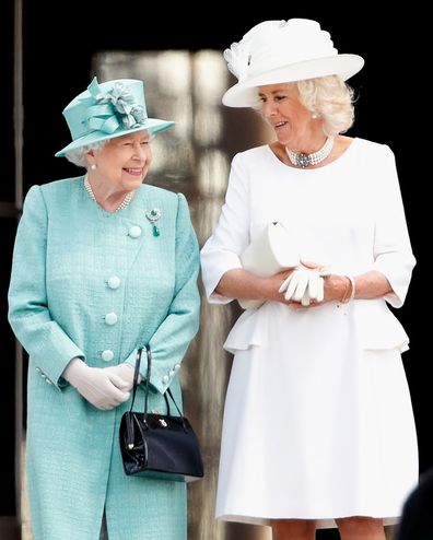 LONDON, UNITED KINGDOM - JUNE 03: (EMBARGOED FOR PUBLICATION IN UK NEWSPAPERS UNTIL 24 HOURS AFTER CREATE DATE AND TIME) Queen Elizabeth II and Camilla, Duchess of Cornwall attend the Ceremonial Welcome in the Buckingham Palace Garden for President Trump during day 1 of his State Visit to the UK on June 3, 2019 in London, England. President Trump's three-day state visit will include lunch with the Queen, and a State Banquet at Buckingham Palace, as well as business meetings with the Prime Minist
