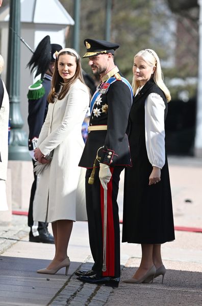 OSLO, NORWAY - APRIL 8: Crown Prince Haakon of Norway, Crown Princess Mette-Marit and Princess Ingrid Alexandra attend the welcoming ceremony at The Royal Palace in conjunction with the Icelandic State Visit on April 8, 2025 in Oslo, Norway. (Photo by Rune Hellestad - Corbis/Getty Images)
