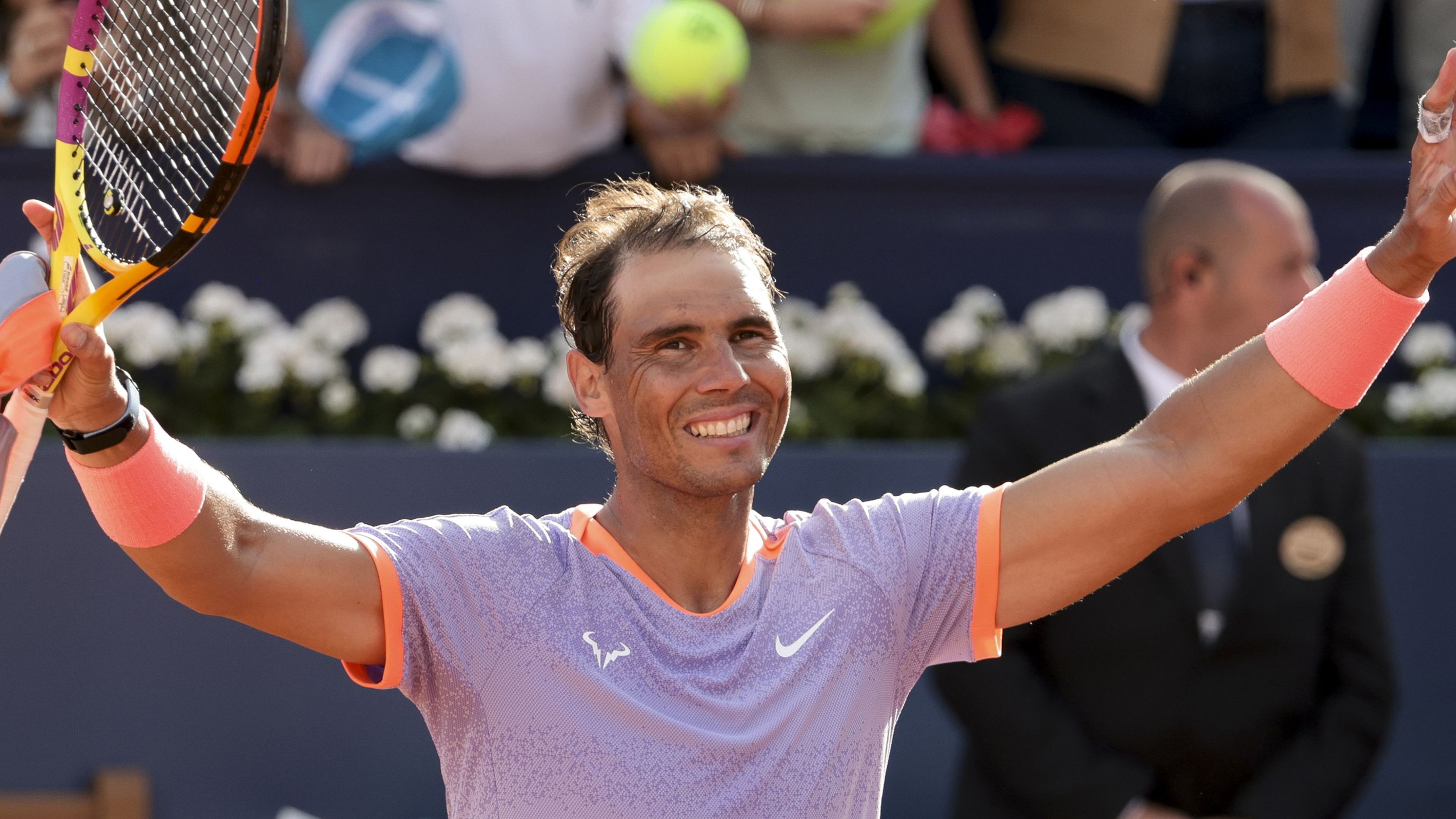 Rafael Nadal of Spain celebrates his first round victory over Flavio Cobolli of Italy on day two of the Barcelona Open.