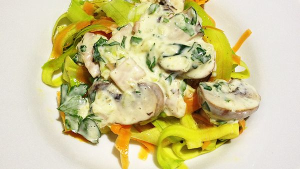 New Atkins zucchini and carrot pasta with creamy boscaiola sauce