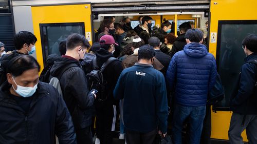 Crowds gather at Central Station in Sydney, as trains run on a reduced timetable as part of train drivers industrial action. 1st July 2022.