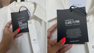 The swing tag honouring Leane's memory is on every single Witchery white shirt this year.