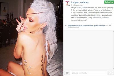 Another day, another nude Imogen Anthony snap.<br/><br/>The model captioned the naked Instagram photo: "My girl @ash_croker achieved this look by spraying my seven-day unwashed hair with an F-load of white hairspray and dry shampoo.<br/><br/>"Then I randomly presented her with a necklace and asked her to stick it in there somewhere.. Make- up I did myself, using @modelco_cosmetics tanners &and bronzers."<br/><br/>Looking good girl!<br/><br/>Keep scrolling to see more of Imogen's most revealing Insta-flash moments here... <br/><br/>Image: Imogen Anthony/Instagram.