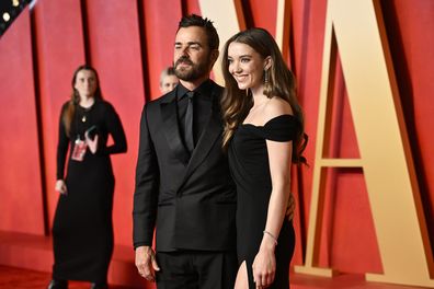 Justin Theroux, left, and Nicole Brydon Bloom arrives at the Vanity Fair Oscar Party on Sunday, March 10, 2024
