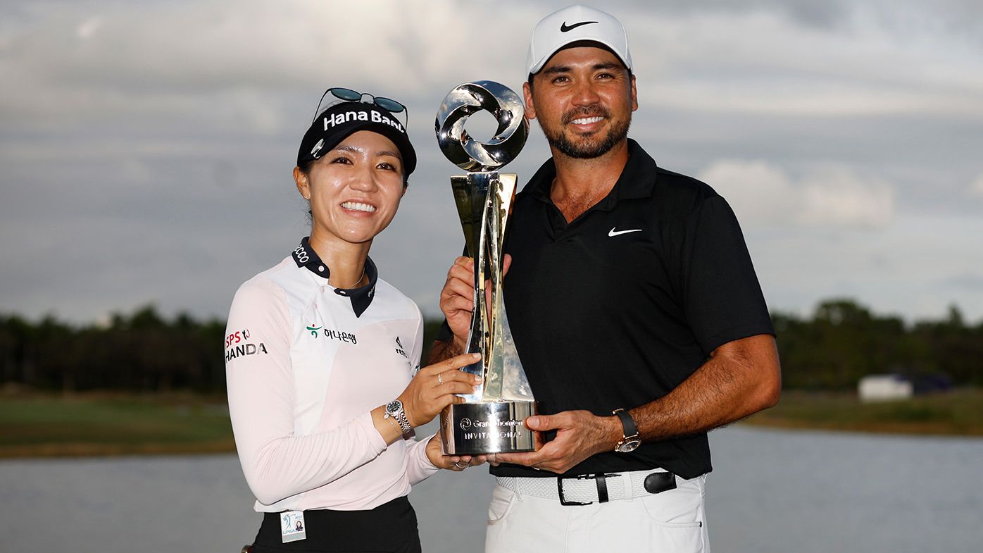 Lydia Ko of New Zealand and Jason Day of Australia celebrate with the trophy after winning during the final round of the Grant Thornton Invitational at Tiburon Golf Club on December 10, 2023 in Naples, Florida. (Photo by Cliff Hawkins/Getty Images)