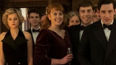 A scene in The Crown showing the Royal Family at Christmas in Sandringham - Diana, Sarah Ferguson, Prince Andrew, Prince Charles