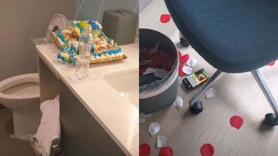 A messy hotel room with a cake left on the bathroom counter in the left image, and rose petals strewn across the floor with other rubbish in the right image.