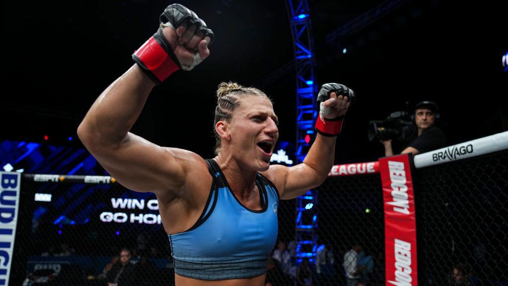 Kayla Harrison celebrates after defeating Martina Jindrova during PFL 9 at the Copper Box Arena.