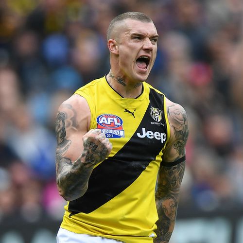 Dustin Martin of the Tigers reacts after kicking a goal during the AFL grand final.