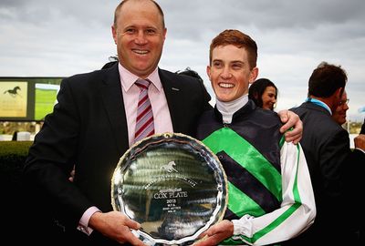 Trainer Danny O'Brien and jockey Chad Schofield with the Cox Plate.