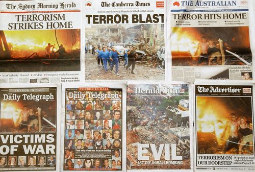 Australian newspaper frontpage headlines of the terrorist bombing attacks in Bali
