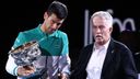 Novak Djokovic of Serbia speaks with CEO of Tennis Australia Craig Tiley