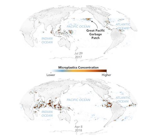 The maps show microplastic concentrations on July 29, 2017, and April 8, 2018. Red areas show places where microplastic concentrations are high. 