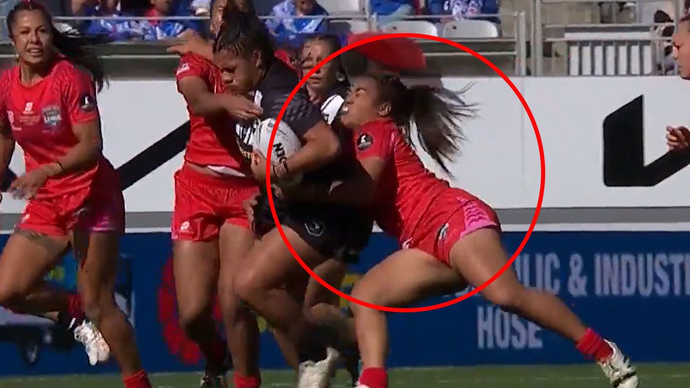 Ilaisaane Taufa was hit with a five-match ban for this tackle on Amelia Pasikala