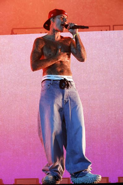 Justin Bieber performs with Daniel Caesar onstage at the Coachella Stage during the 2022 Coachella Valley Music And Arts Festival on April 15, 2022 in Indio, California. 