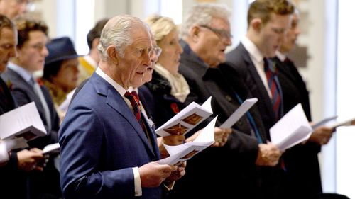 The Prince of Wales attends the Guards' Memorial at the Guards' Chapel, Wellington Barracks, London. (AAP)