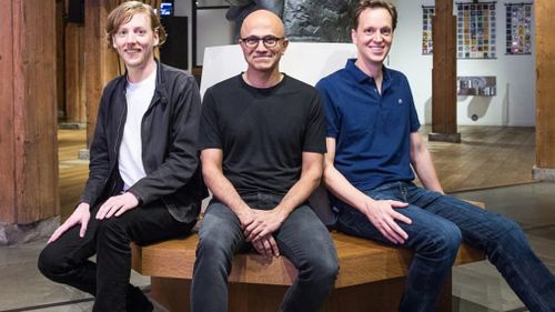 Chris Wanstrath, Github CEO and co-founder; Satya Nadella, Microsoft CEO; and Nat Friedman, Microsoft corporate vice president, Developer Services. (Supplied)