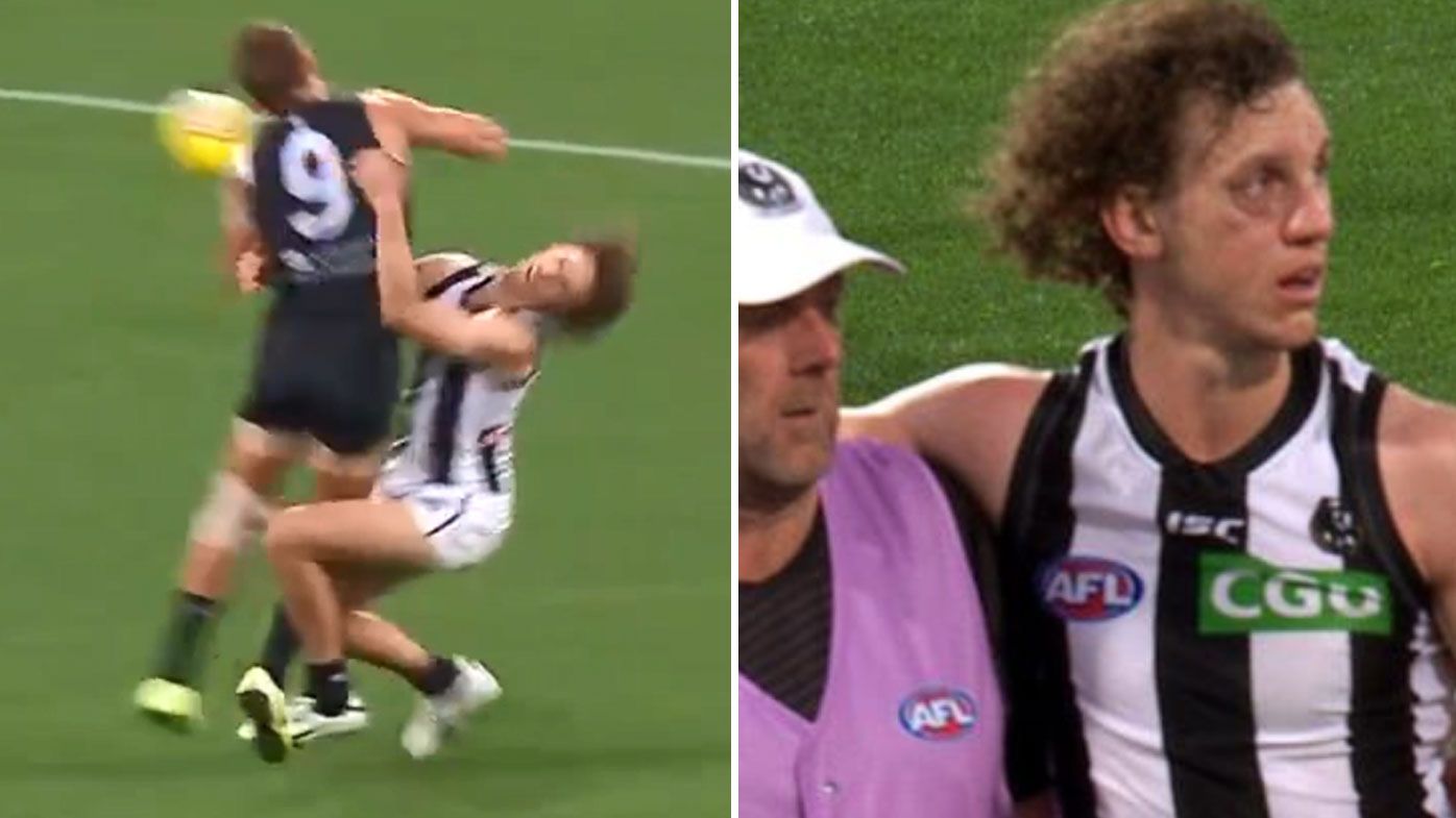 Chris Mayne hospitalised after brutal tackle attempt as Magpies deal Blues' finals hopes a major blow