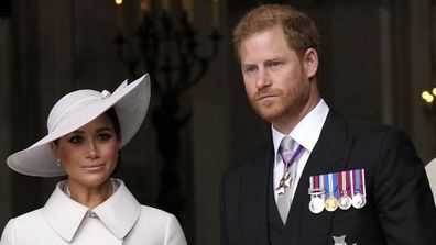 LONDON, ENGLAND - JUNE 03: Meghan, Duchess of Sussex and Prince Harry, Duke of Sussex depart the National Service of Thanksgiving at St Paul's Cathedral on June 03, 2022 in London, England. The Platinum Jubilee of Elizabeth II is being celebrated from June 2 to June 5, 2022, in the UK and Commonwealth to mark the 70th anniversary of the accession of Queen Elizabeth II on 6 February 1952.  (Photo by Chris J Ratcliffe/Getty Images)
