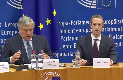 European Parliament President Antonio Tajani grills Zuckerberg during the hearing. Picture: AAP