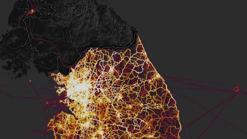 In the map, South Korea is lit up while there is some activity in Pyongyang. (Strave heatmap)