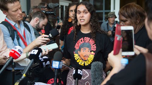 Samara Fernandez Brown speaks to the media outside the NT Supreme Court in March after Zachary Rolfe was acquitted of murder.