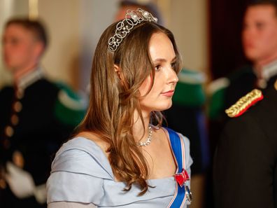Norway's Princess Ingrid Alexandra on her way to a gala dinner at the Palace in connection with the state visit of the Icelandic presidential couple, in Oslo, Tuesday, April 8, 2025. (Fredrik Varfjell/NTB via AP)