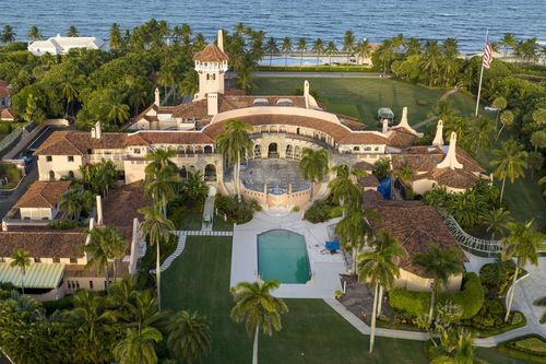 This is an aerial view of President Donald Trump's Mar-a-Lago estate, August 10, 2022, in Palm Beach, Florida. 
