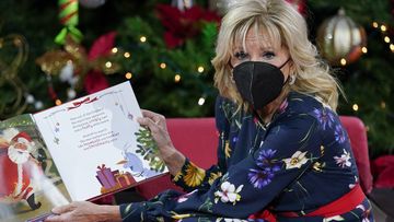 First lady Jill Biden reads &quot;Olaf&#x27;s Night Before Christmas&quot; to children at Children&#x27;s National Hospital in Washington, Friday, Dec. 24, 2021.  