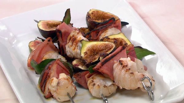 Balmain bugs with figs and pancetta kebabs