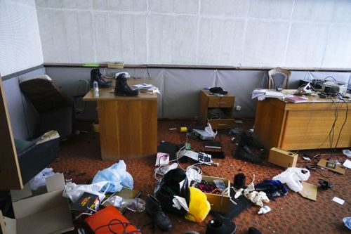 A state-run nuclear waste department office is looted by the Russian troops near the Chernobyl nuclear power plant.