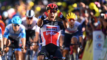Caleb Ewan of Australia celebrates at the 2020 Tour de France.