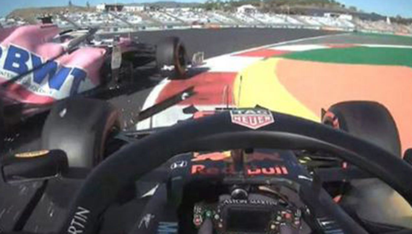 Max Verstappen collides with Lance Stroll during practice for the Portuguese Grand Prix.